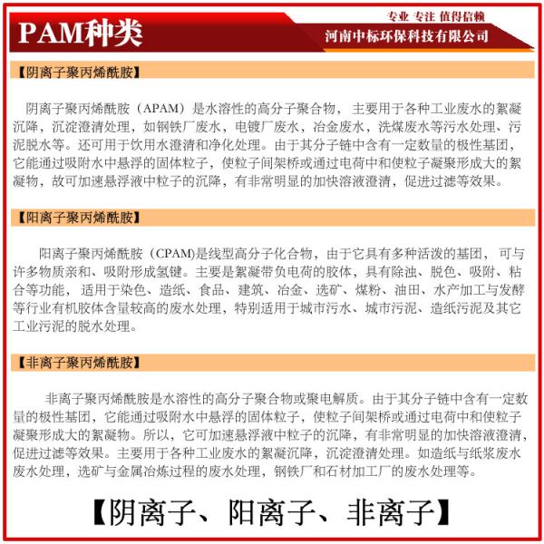 pam的种类阴离子阳离子非离子聚丙烯酰胺中标电话：18530933138